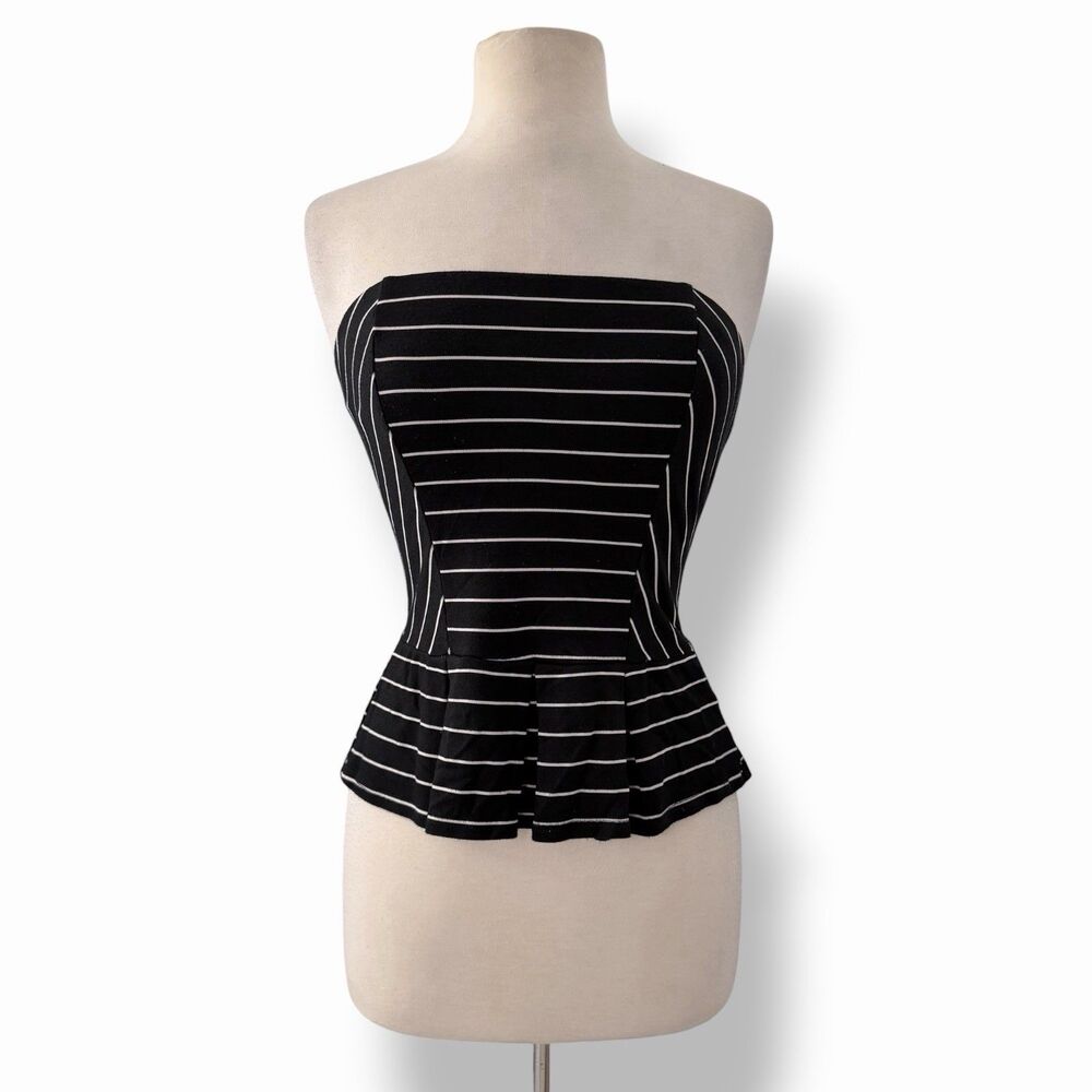 Vtg Y2K  2b Bebe Black Striped Strapless Peplum Tube Top Corset Zip Back Small